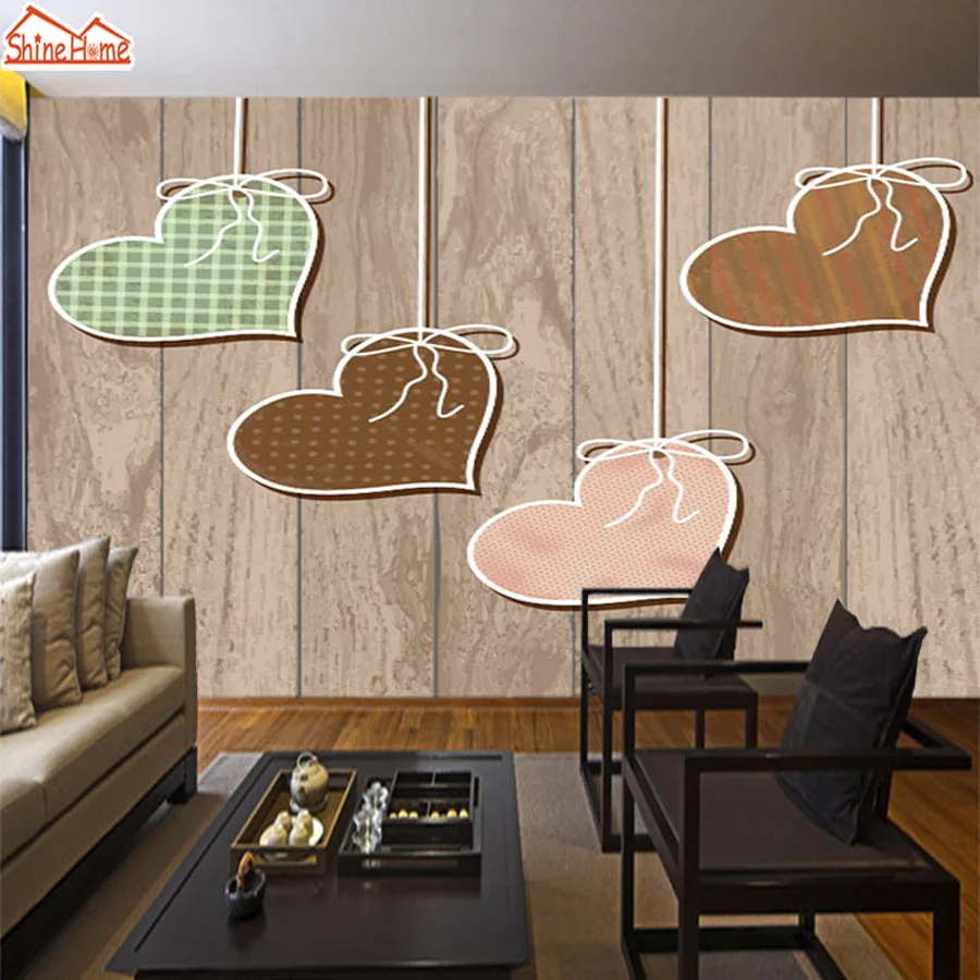 

ShineHome-Large Modern Custom 3d Wood Pattern Heart Wallpaper Wall Murals Rolls Paper Wallpapers for 3 d Living Room Cafe Home