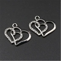 10pcs silver plated handmade rhinestones double hearts alloy pendants diy charm metal jewelry handicraft findings 2216mm a569