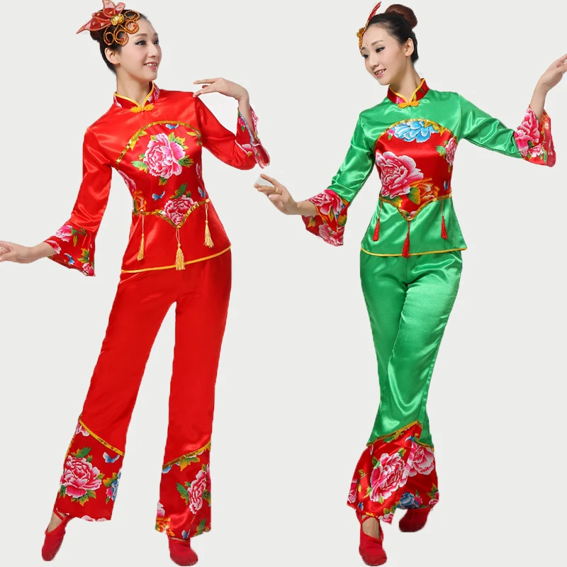 

2017 New Women Peony Splicing Yangko Dance Costumes Red\green Long Sleeves Fan Waist Drum Middle-aged Group National Square