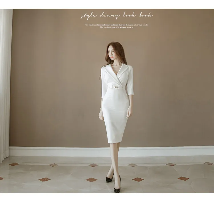Платье-Блейзер, офисное платье-карандаш, одноцветное платье миди с рукавом три четверти, костюм, куртка с поясом, женское платье, весна, ol платье M19022401