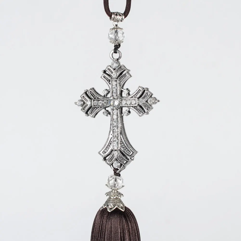 Винтажный со стразами инкрустированные крест кисточки христианский автомобиль подвесной Декор амулет