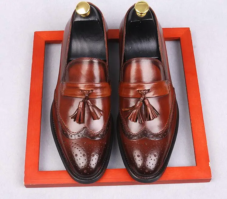 

Brogues dress shoes men slip on genuine leather flats loafers summer tassels moccasins carved mix colour smart casual shoes