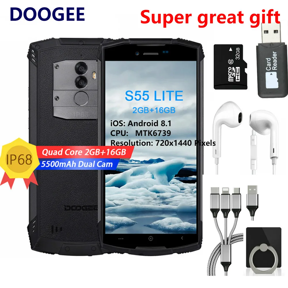 IP68 DOOGEE S55 Lite водонепроницаемый смартфон 2 Гб ОЗУ 16 ПЗУ 5500 мАч MTK6739 Dual SIM VoLTE 13 0 МП