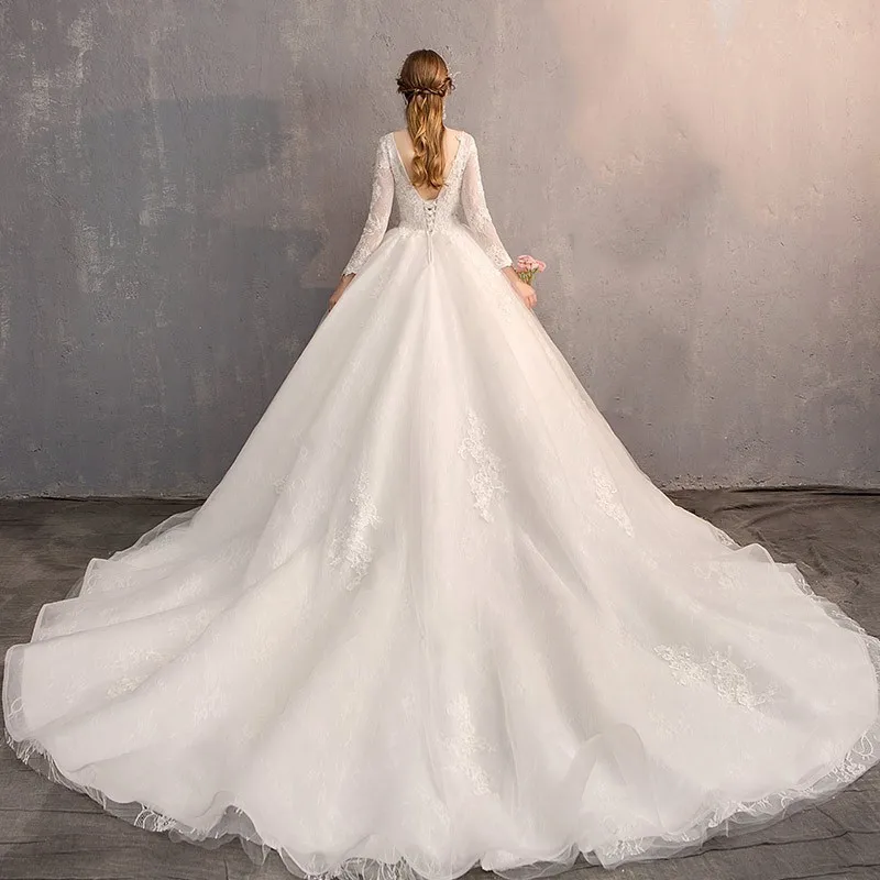Женское свадебное платье с длинным рукавом Vestido de Noiva бальное открытой спиной и v образным вырезом большого