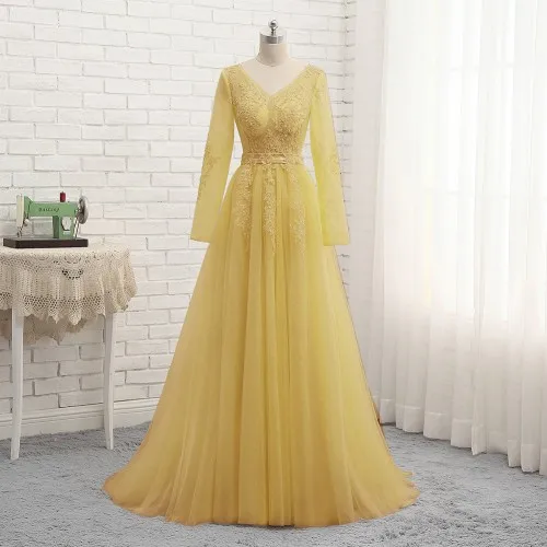 Yellow Новое Вечернее Платье Vestido, Длинные вечерние платья цвета шампана с длинными рукавами, соблазнительное Тюлевое платье с аппликацией для выпускного вечера PW923 - Цвет: Yellow