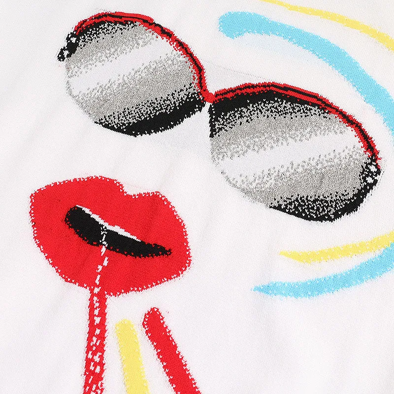 Womens Sweater Tops Fashion Cartoon Expression Embroidered Spring Summer Autumn Female Rainbow Ice Silk Knitted Pullovers Shirts | Женская