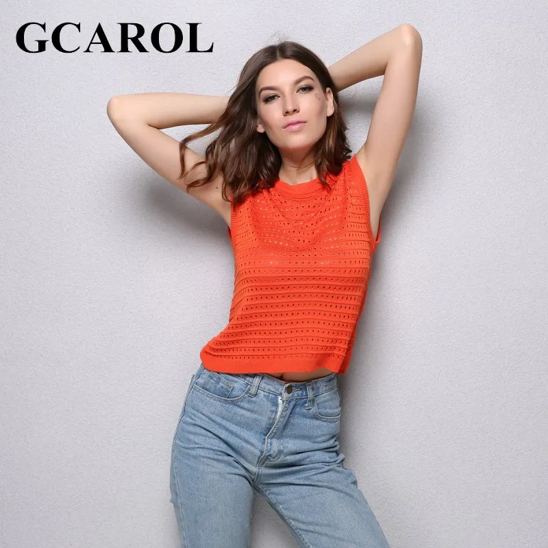 Gcarol Новое поступление трикотажные crtops выдалбливают свитер без рукавов оранжевый