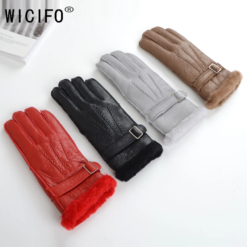 

100% pure sheepskin Winter Gloves Women Real Sheepskin cashmere Fur Warm Gloves Ladies Full Finger Genuine Leather mitten gloves
