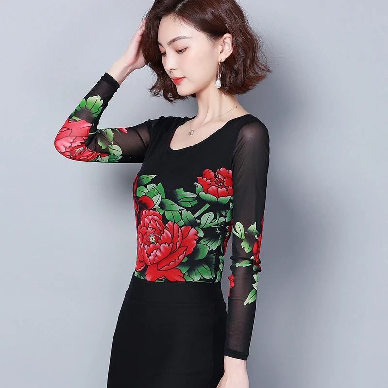 

Lace Blouse Women Shirts Floral Print Elasticity Long Sleeve O-neck Slim Womens Tops and Blouses 2020 New Plus Size Blusas Mujer