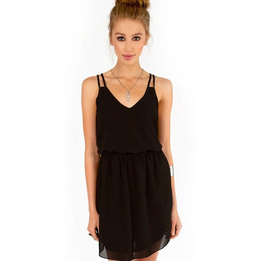 Женское шифоновое платье с двойным ремешком черное или красное свободного