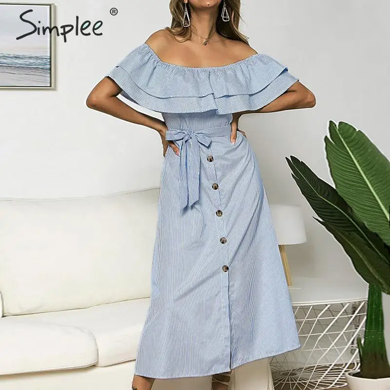Женское платье трапеция Simplee в полоску женское летнее миди 2019 с воротником