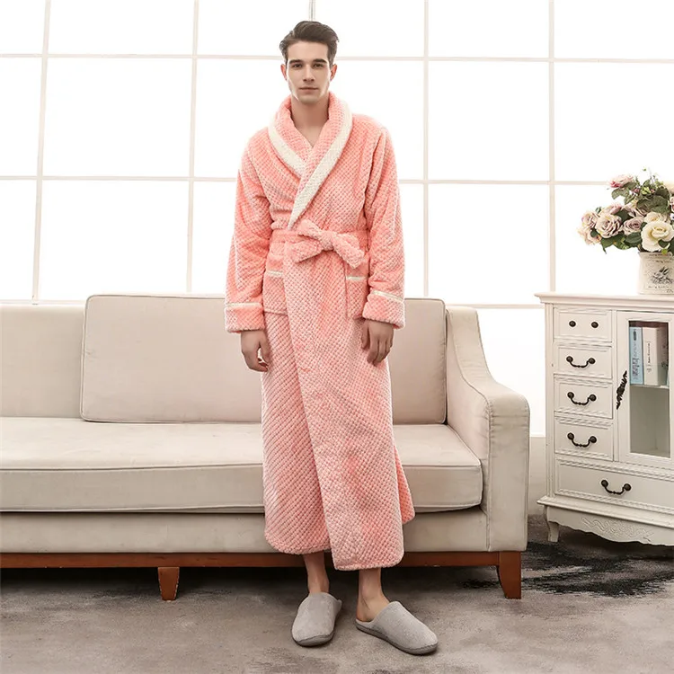 men pink Женское зимнее плотное теплое Коралловое кимоно из рунной шерсти, халат, халат, платье для влюбленных, юката, ночное белье, пижама, одежда для сна размера плюс XXXL - Цвет: men pink
