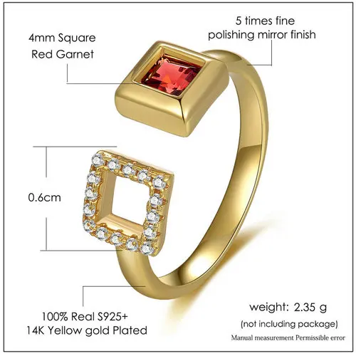 LAMOON 4 мм 0.25ct натуральный квадратный красный гранат регулируемое кольцо 925 пробы серебряные ювелирные изделия для женщин романтическое обручальное кольцо LMRI020