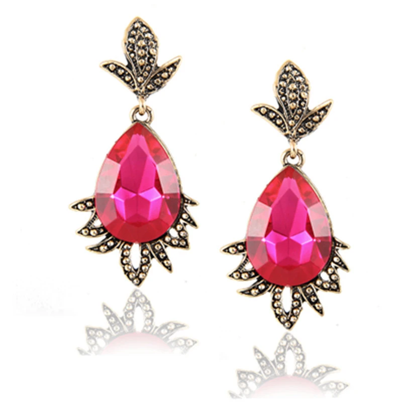 E041 Винтаж Красные кристаллы стразы серьги в виде капель для Для женщин Мода форме
