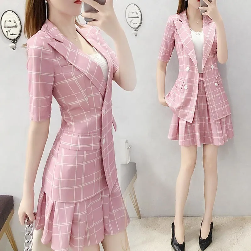 Летний милый розовый клетчатый комплект из 2 предметов для женщин новинка 2019