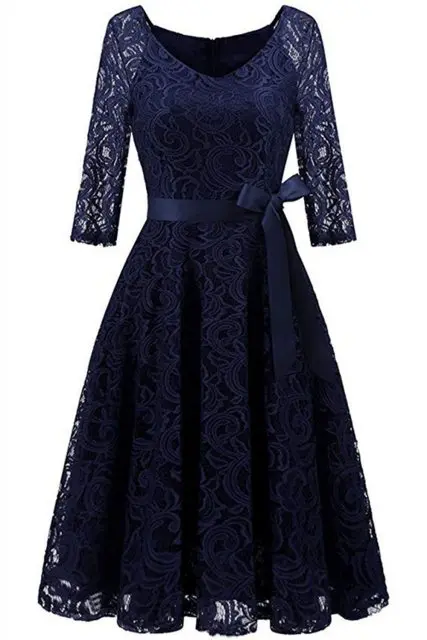 Navy Blue Элегантное бордовое коктейльное платье MisShow с v-образным вырезом длиной до колена, цветочное кружевное платье с лентами и бантом, женские новые стильные коктейльные платья - Цвет: Navy Blue