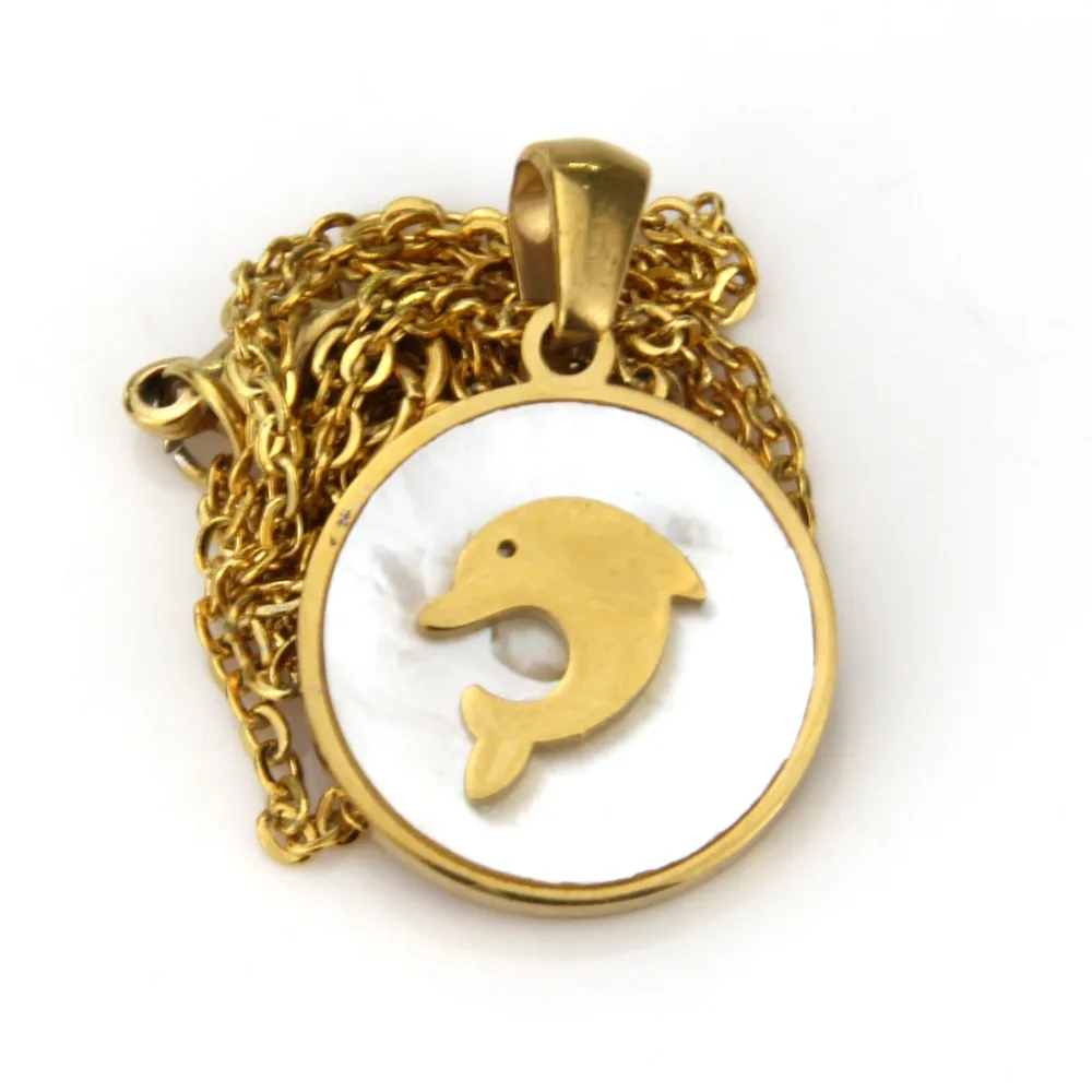 Wholesale Handmade Spiritual Round Shape Dolphin Pattern Link Chain Gold Stainless Steel Shell Pendant Necklace Jewelry | Украшения и