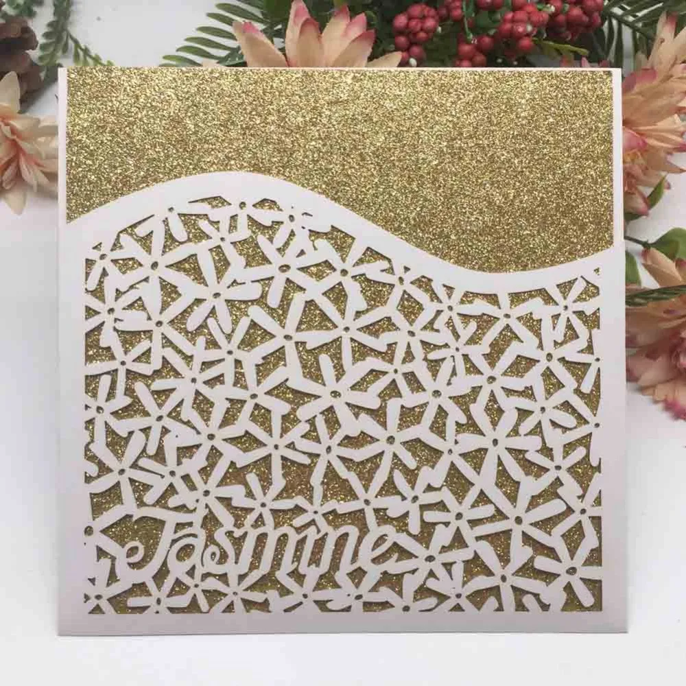 

100Pcs/Lot Custom Name Pocket Design Wedding Invitations Cards Blessing Greeting Card Laser Cut Birthday Party Invitations