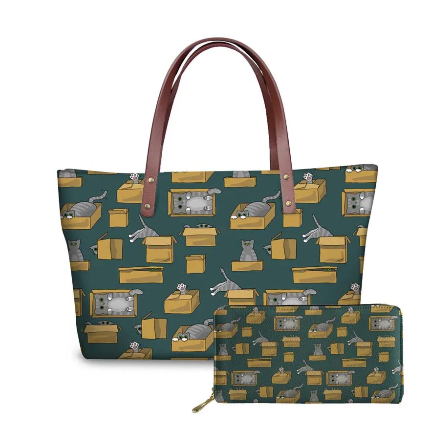 

NOISYDESIGNS Top-Handle Bags for Women Box Cats Printing Handbags Ladies Shoulder Tote Bags Teenagers Large Capacity Book Bag