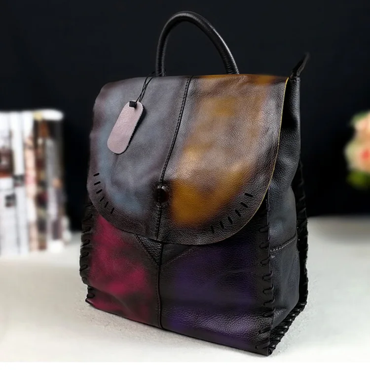 New High Quality Genuine Leather Backpacks Colorful Women Vintage Students Bag Female Handmade Leather School Bags
