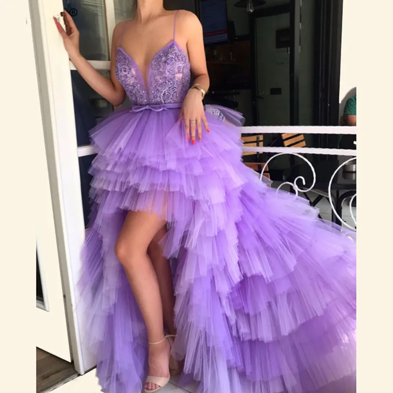 

Lavender Prom Dresses Ball Gown Tulle Lace Beaded Hi Low Long Women Prom Gown Evening Dresses Evening Gown Robe De Soiree