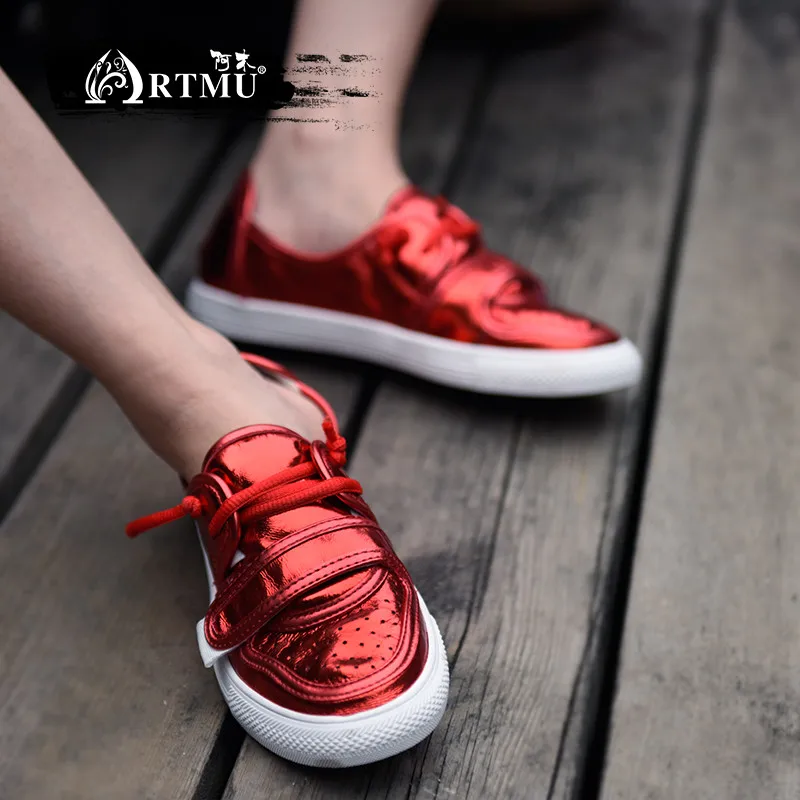 

Artmu Original Sneakers New Students' Shoes Bright Leather Casual Shoes Handmade Hook and Loop Flat Shoes Red 7902