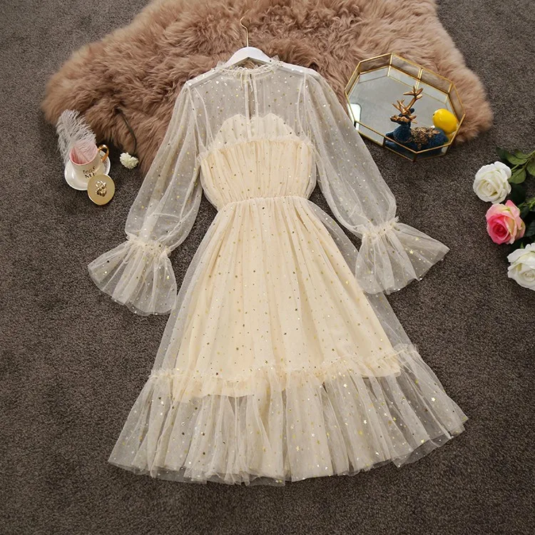 Young Gee Модные женские прозрачные платья с блестками vestidos verano романтическое сексуальное Сетчатое милое свободное платье с оборками
