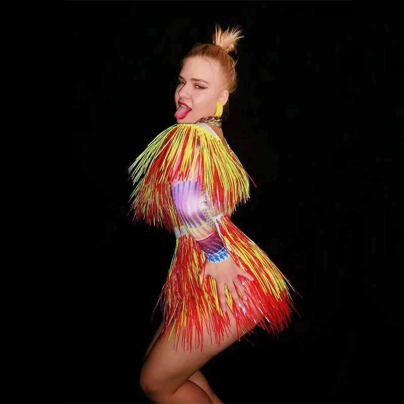 Красочные сексуальное боди оранжевого цвета с бахромой платье GoGo для танцев