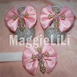 pink bowknot Custom Sparkle Bling crystals Rhinestones Baby girls shoes infant 0-1Y ribbon shoes First Walkers hairband 0032 - Цвет: 1