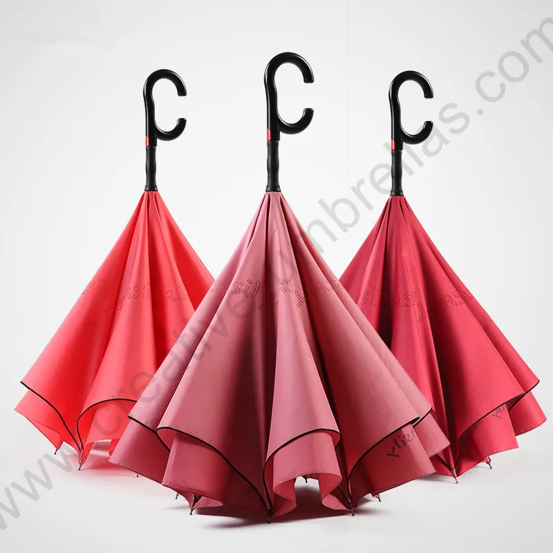 2pcs/lot 115cm auto open C-Hook Reverse hands-free magic water flowers umbrella enlarge double Layer Inverted standing parasol