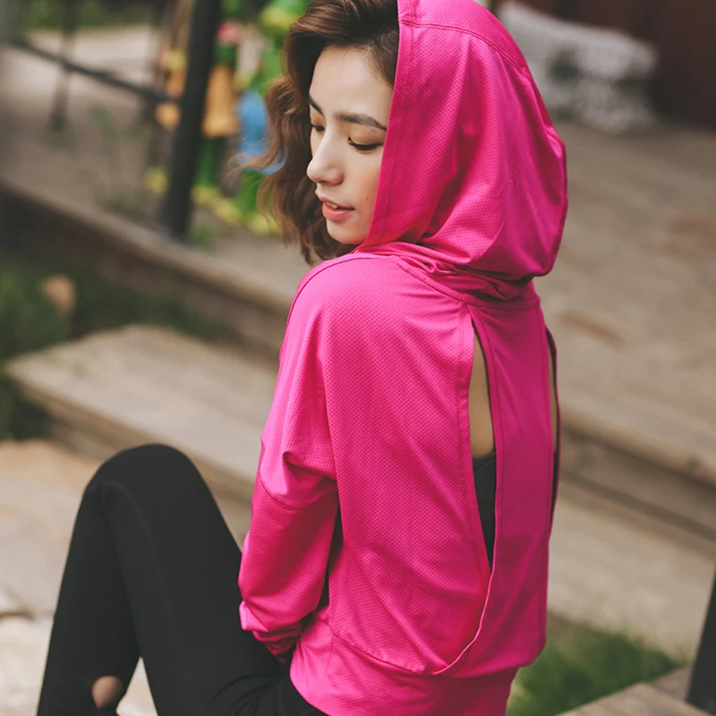 Rose Red Женские футболки для бега с капюшоном, Джерси, дышащая спортивная одежда, топ для фитнеса, йоги, спортивная одежда, спортивная футболка для тренировок, спортивная куртка, топы - Цвет: Rose Red