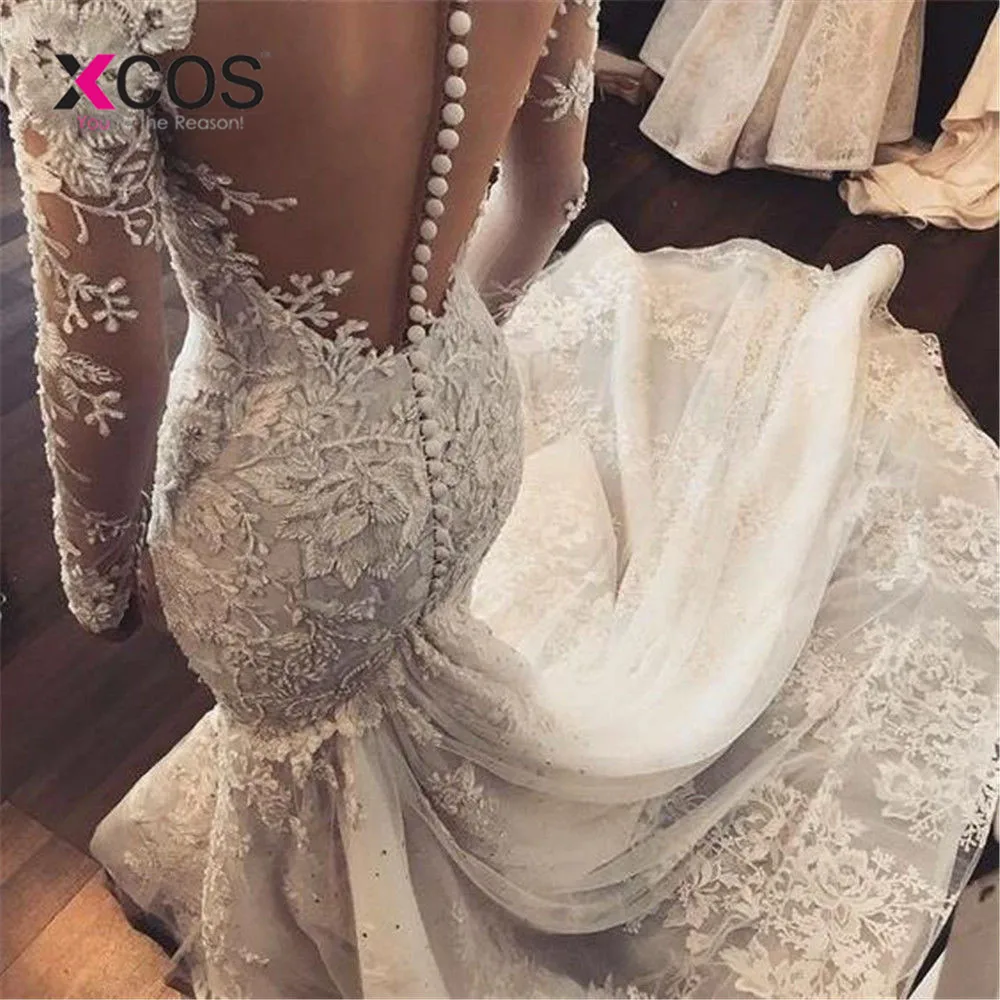 XCOS Mermaid Long Sleeve Lace Beaded Sequins Sexy Wedding Dresses Vintage Luxury Formal Gown Robe De Mariee Custom Size | Свадьбы и
