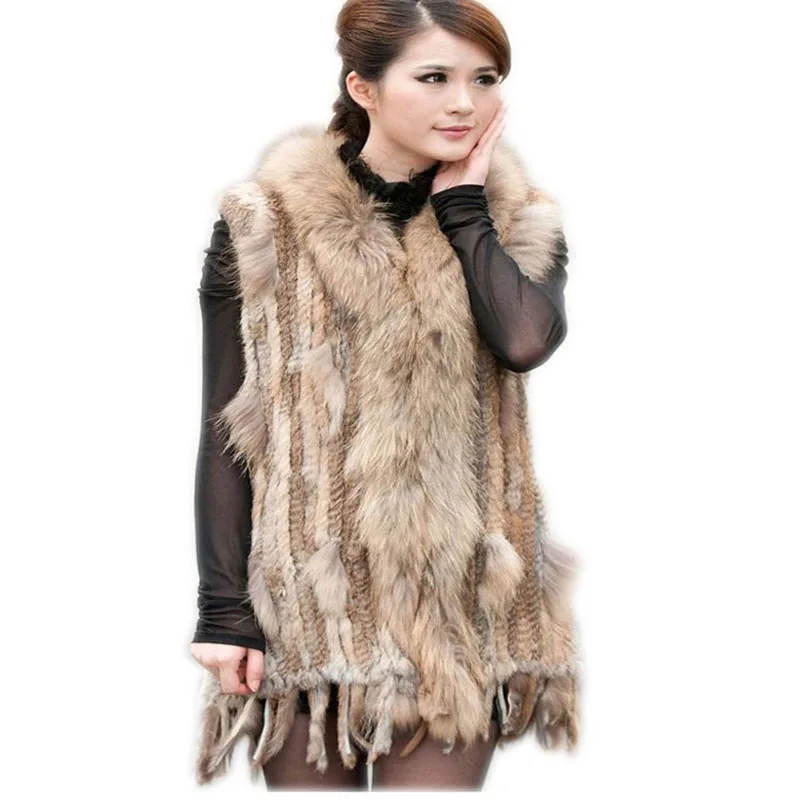 Winter women real rabbit fur vest with raccoon  collar and Hood 75cm Long style Genuine Fur Coat Female Casual fur Clothing