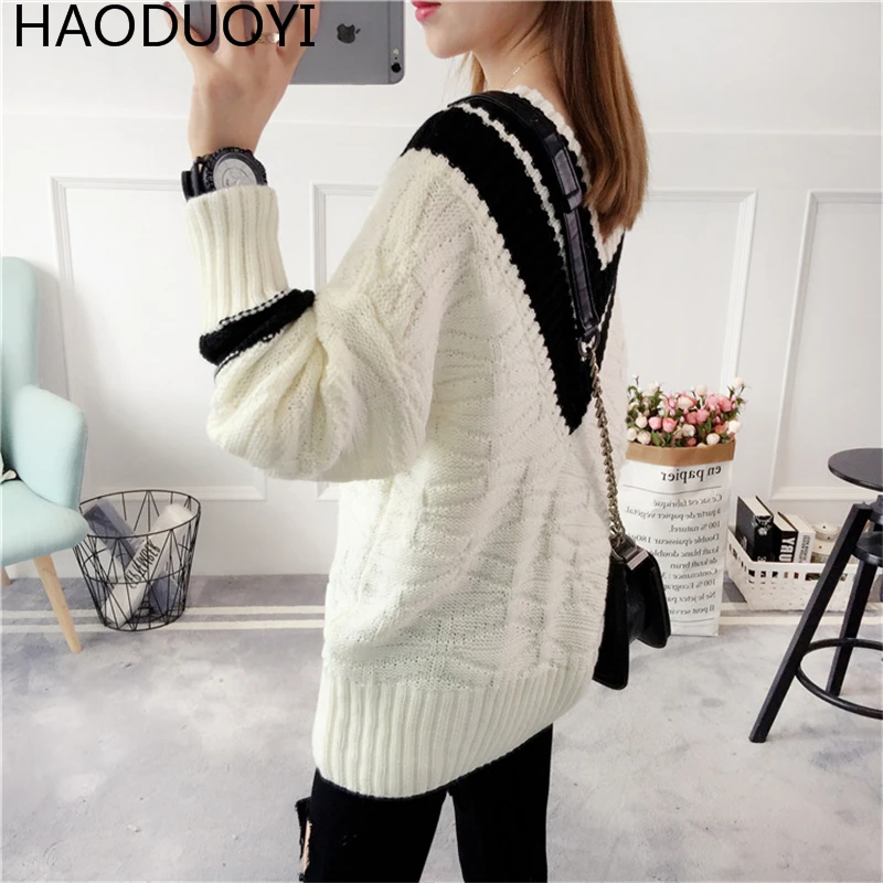 Для женщин V Средства ухода за кожей Шеи Полосатый отделка свитер Новинка 2017 года