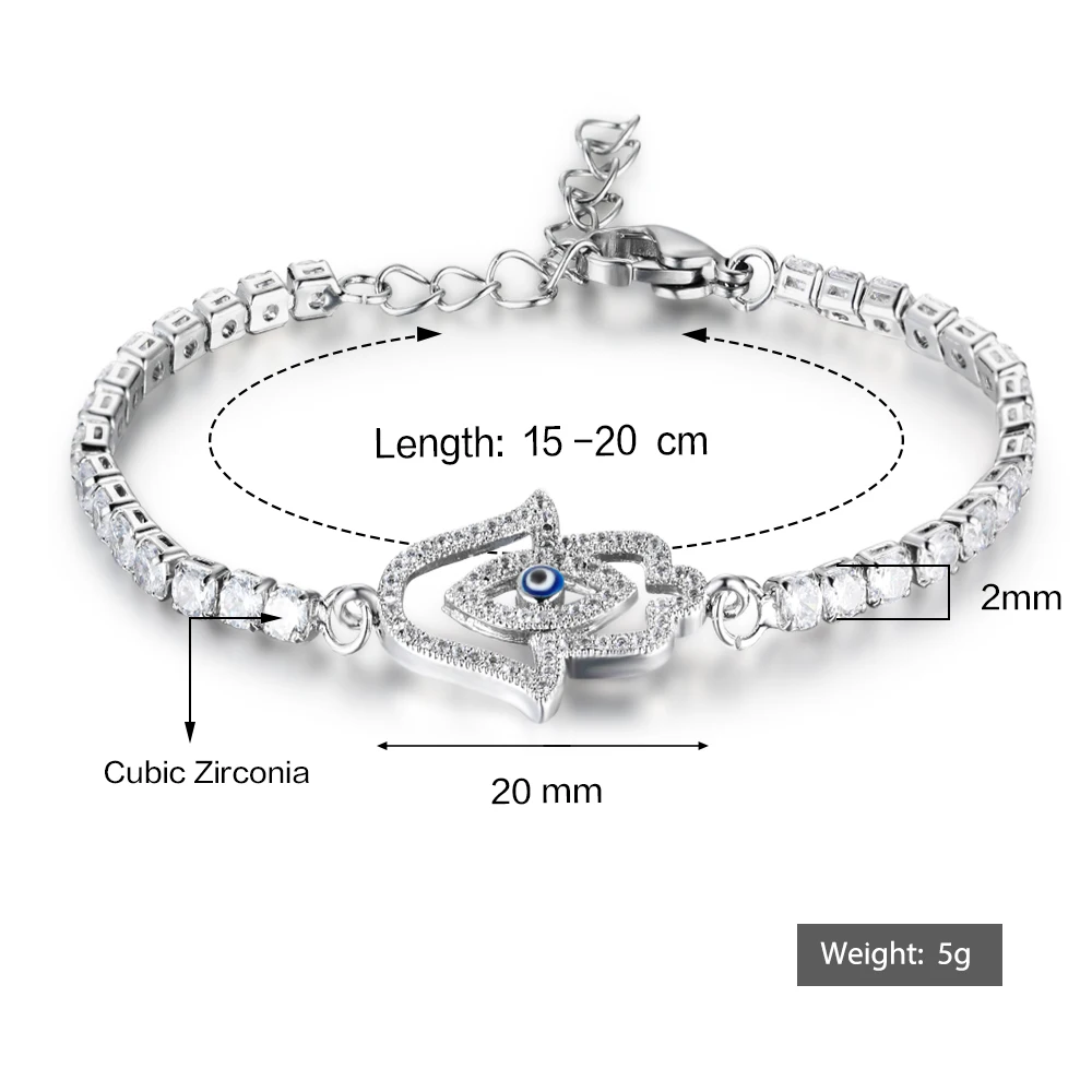 Ручной браслет-амулет Фатимы для женщин 2 мм кубический цирконий серебряный цвет