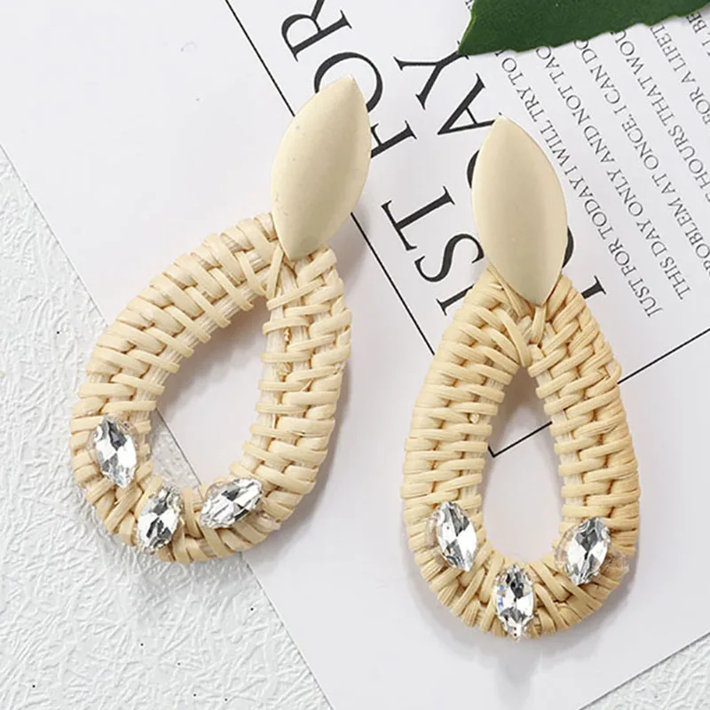 Beige Crystal AENSOA, несколько, Корея, ручная работа, Бамбуковая коса, подвески, висячие серьги, новая мода, ротанг, лоза, вязанные длинные серьги для женщин, девушек - Окраска металла: Beige Crystal