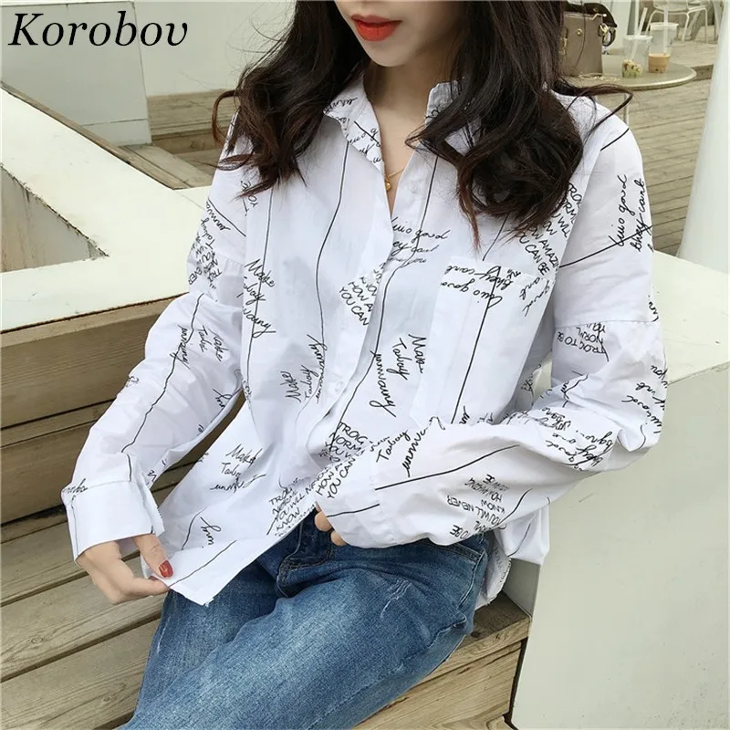 Коробова с принтом букв блузка Новый корейский Chic рубашки женские топы Свободные