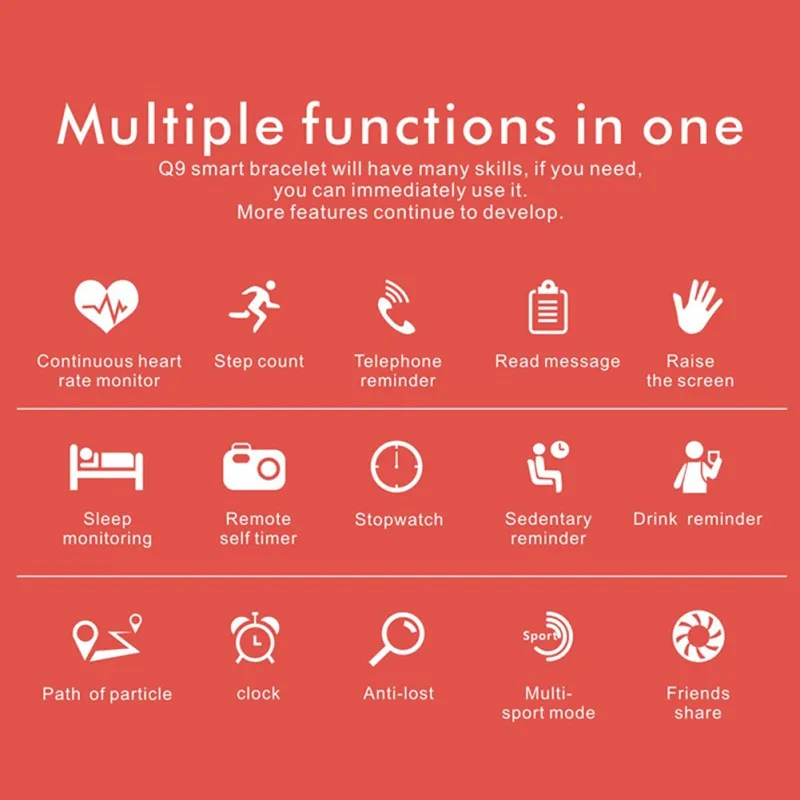 

Q9 Color Screen Fashion Smart Bracelet Sports Waterproof Blood Pressure Heart Rate Monitoring Sports Record Smart Watch