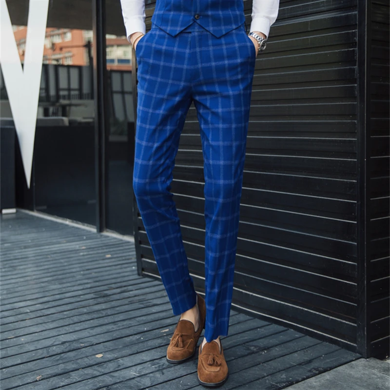 Мужской облегающий костюм из 3 предметов в клетку темно синие свадебные костюмы