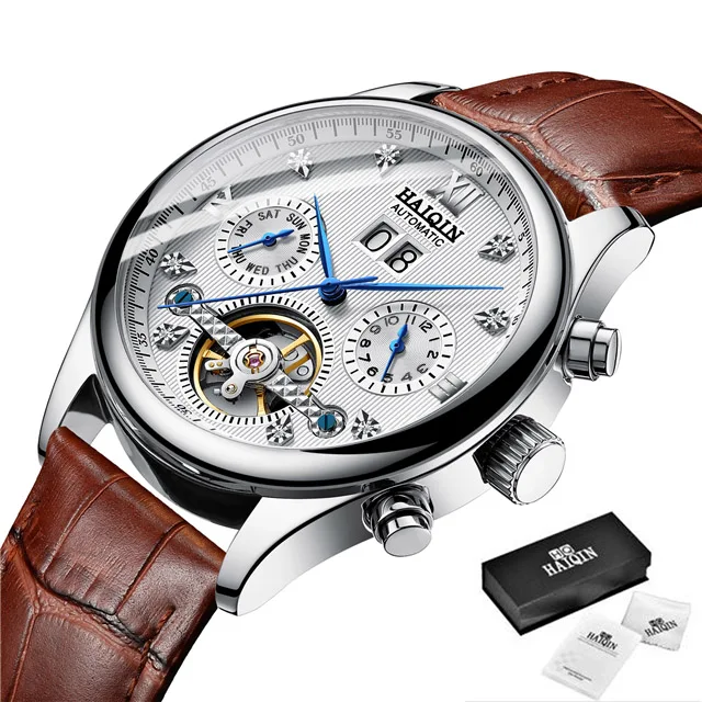 HAIQIN Men's Watches Top Brand Luxury Business Machinery Sport Wristwatch Mens Waterproof Tourbillon Clock Relogio Masculino - Цвет: L-Silver white