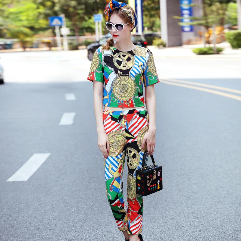 OLN 2PCS Women Tops+Pants Vintage Summer Autumn Short Sleeves Top Shirt Floral Printed Female Suits Ankle Length Pants Thin | Женская
