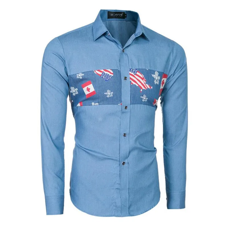 Мужская ковбой Рубашки 2016 Моды Шить джинсовые Американский Флаг с длинным