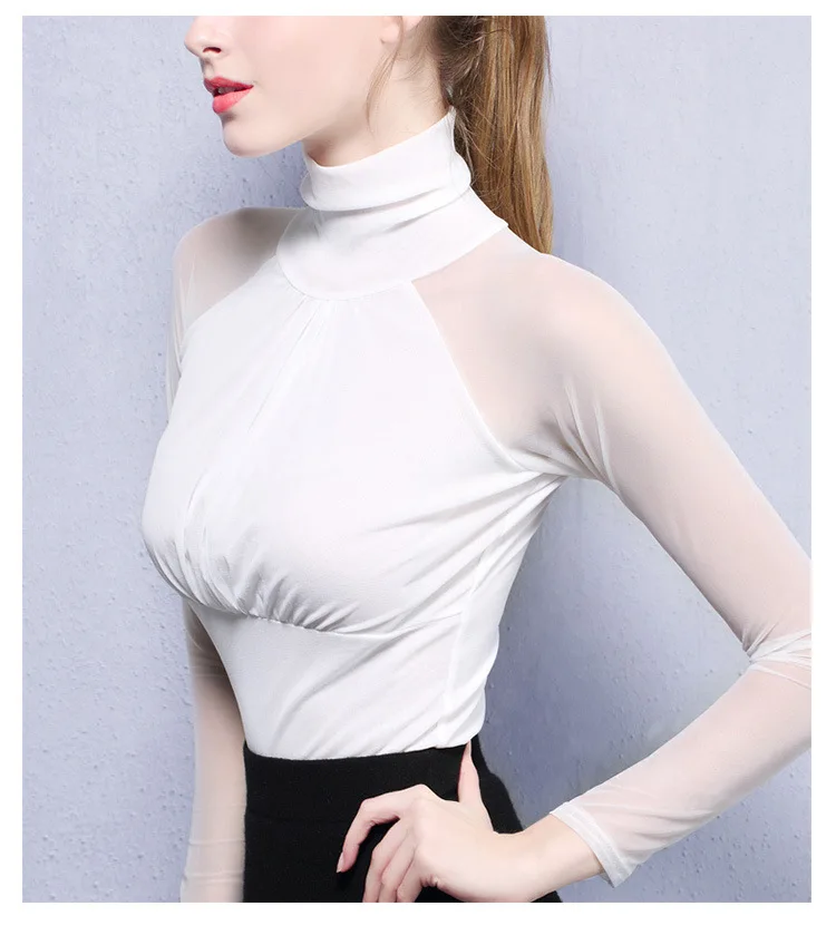 Moda Jihan, женские рубашки с длинным рукавом, прозрачные сетчатые топы, с воротником-стойкой, в сложенном виде, тонкие, размера плюс, элегантные женские рубашки