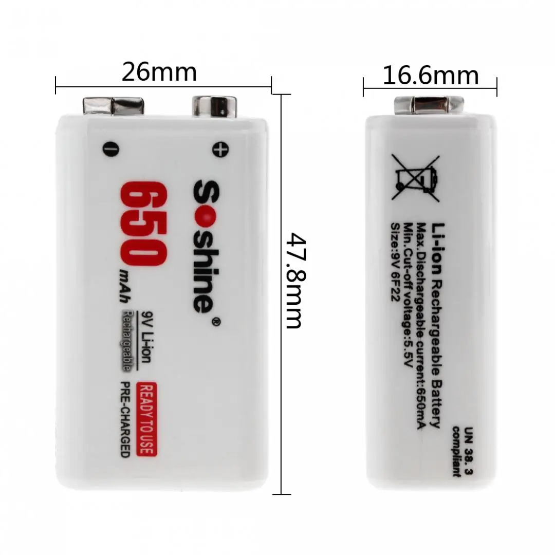 Soshine 9V 650mAh Rechargeable Lithium Battery 6F22 li-ion battery for Multimeter Walkie-talkie wireless microphone+ Box | Электроника
