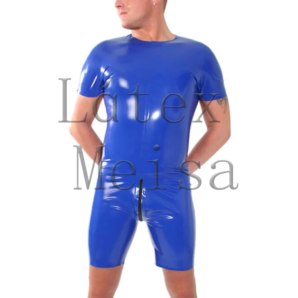 Latex zentai round neck bodysuit blue exotic with back zip to abdomen for men | Тематическая одежда и униформа