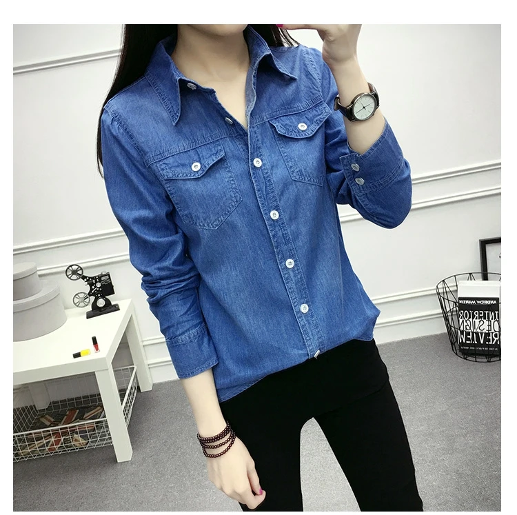 Spring Autumn women Classic basic style Turn-down Collar full-sleeve blouse pocket Button single Breasted Denim shirt casual top