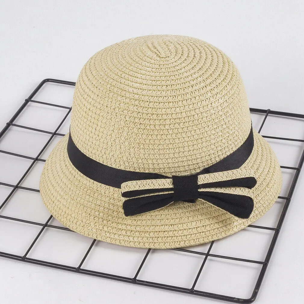 Летняя соломенная Кепка для маленьких девочек с бантом пляжная шляпа широкими