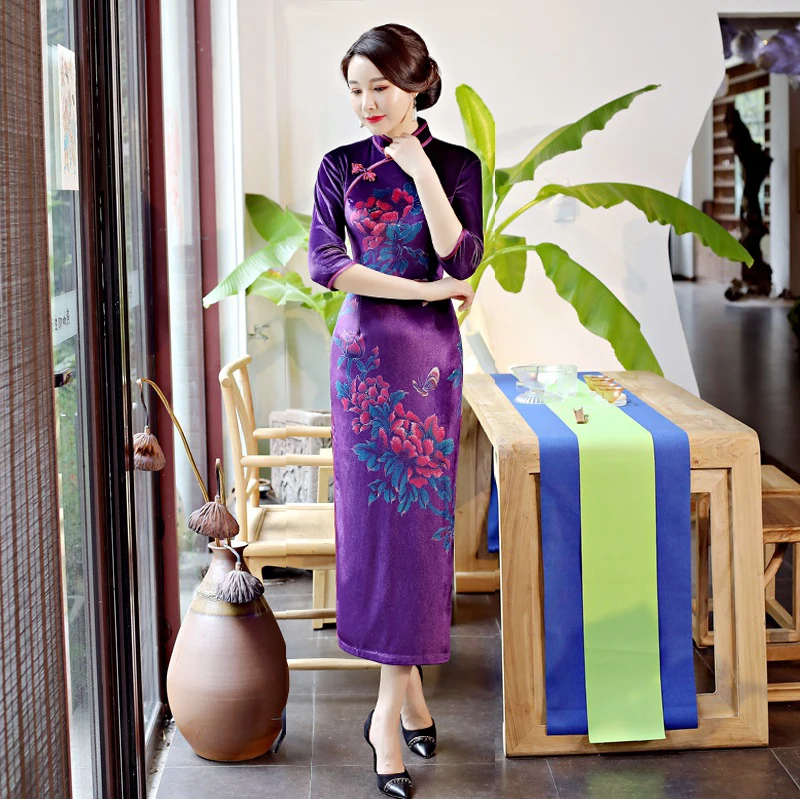 2018 Стильное женское велюровое платье Cheongsam весеннее длинное в китайском стиле с