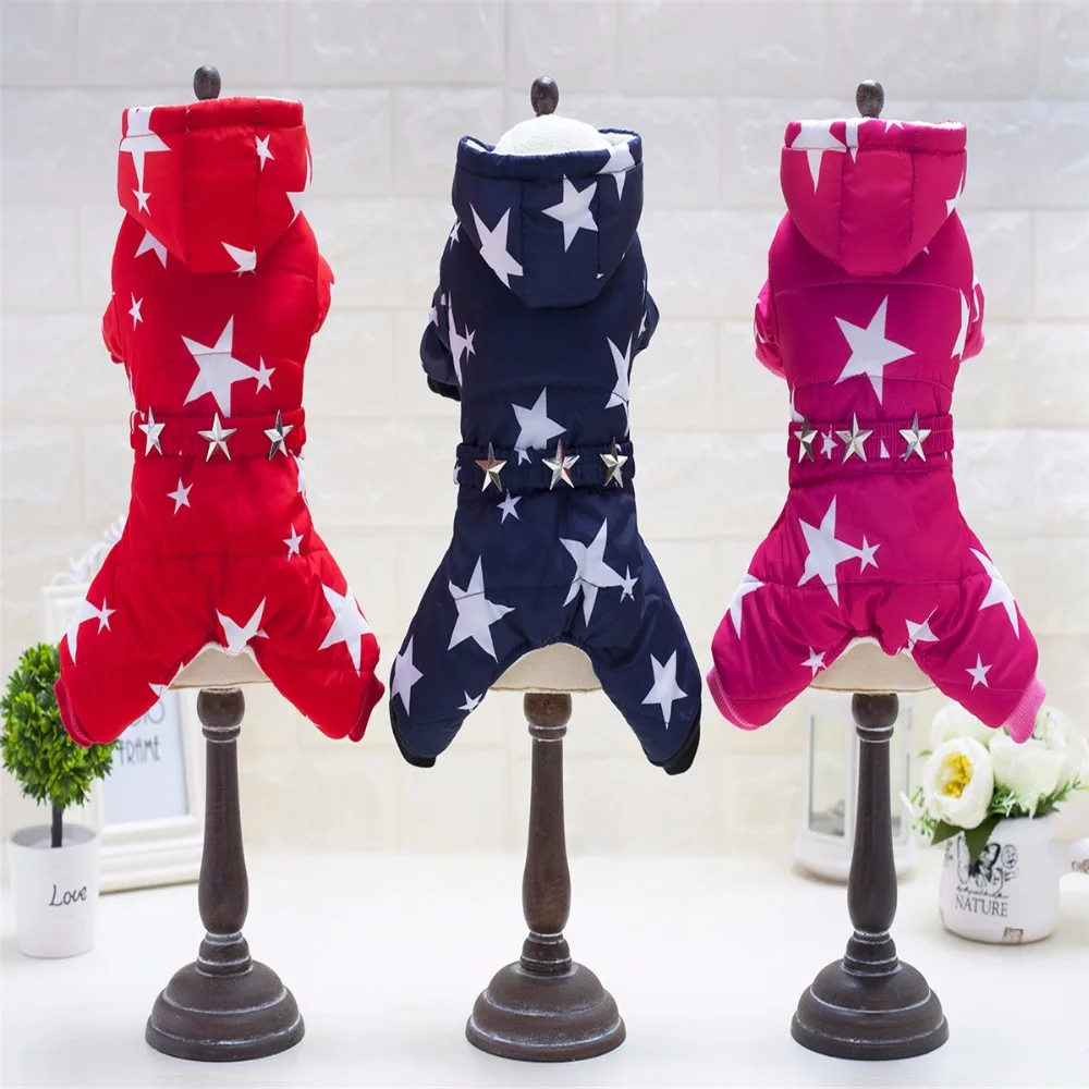 

Snowsuit For Small Dogs Fleece Lined Star Belt Hooded Jumpsuit Four-Legs Pants Winter Coats Puppy Dog Chihuahua Apparel Cloth