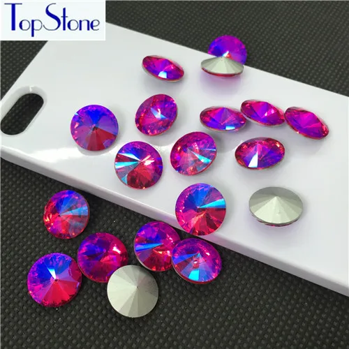 TopStone цвета AB модные Rivoli камень 6 мм 8 мм, 10 мм, 12 мм, 14 мм, 16,18 мм круглый заостренный стеклянный кристалл ювелирные камни мульти AB - Цвет: fuchsia ab